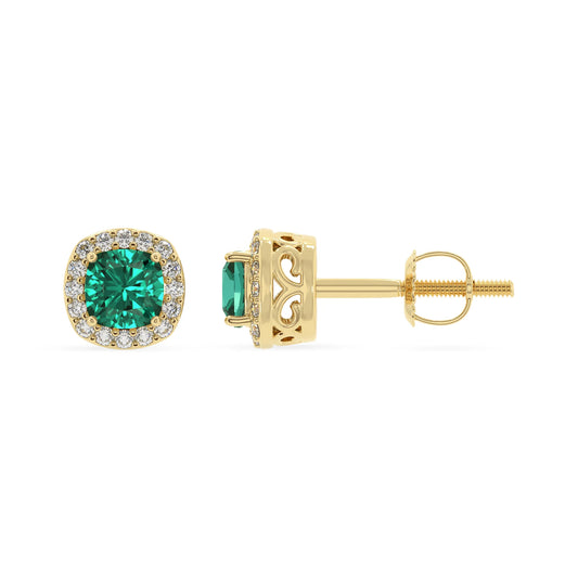 lab grown emerald cushion stud earrings in yellow gold 