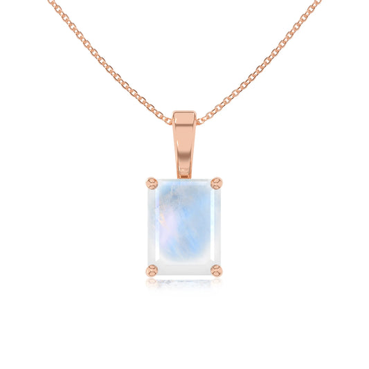 natural rainbow-moonstone emerald cut solitaire necklaces in rose gold 