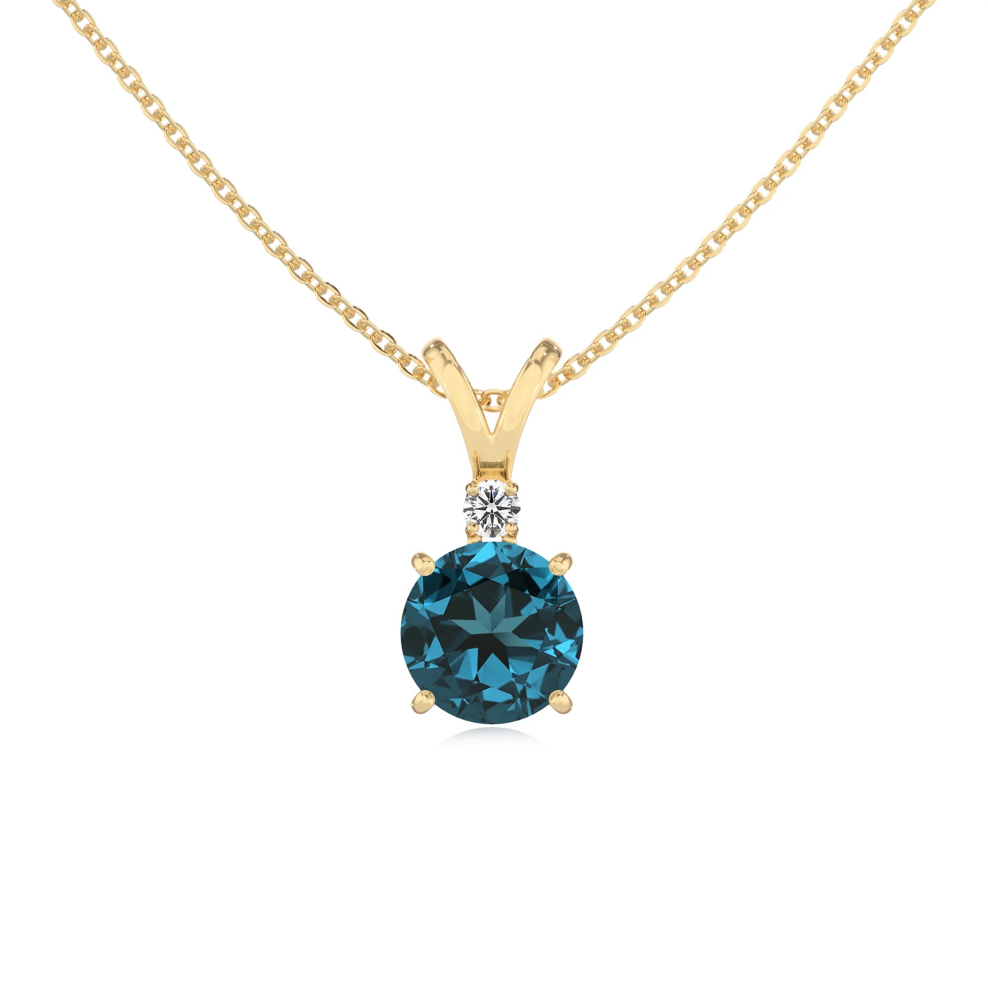 natural london-blue-topaz round solitaire v-bale necklaces in yellow gold 