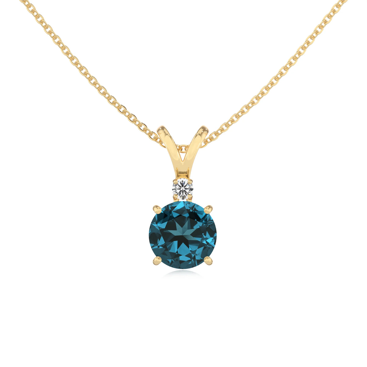 natural london-blue-topaz round solitaire v-bale necklaces in yellow gold 