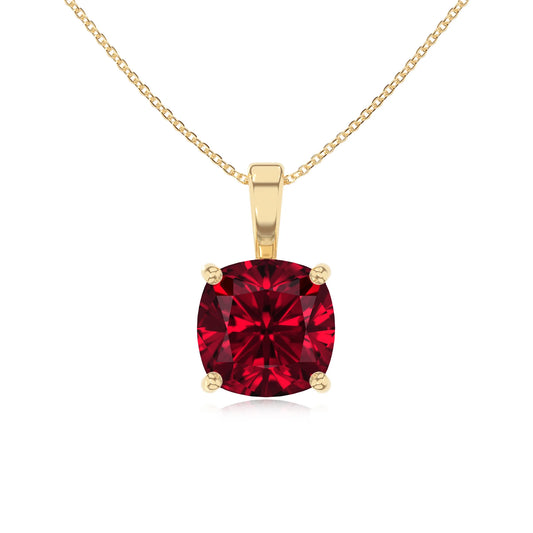 lab grown ruby cushion solitaire necklaces in yellow gold 