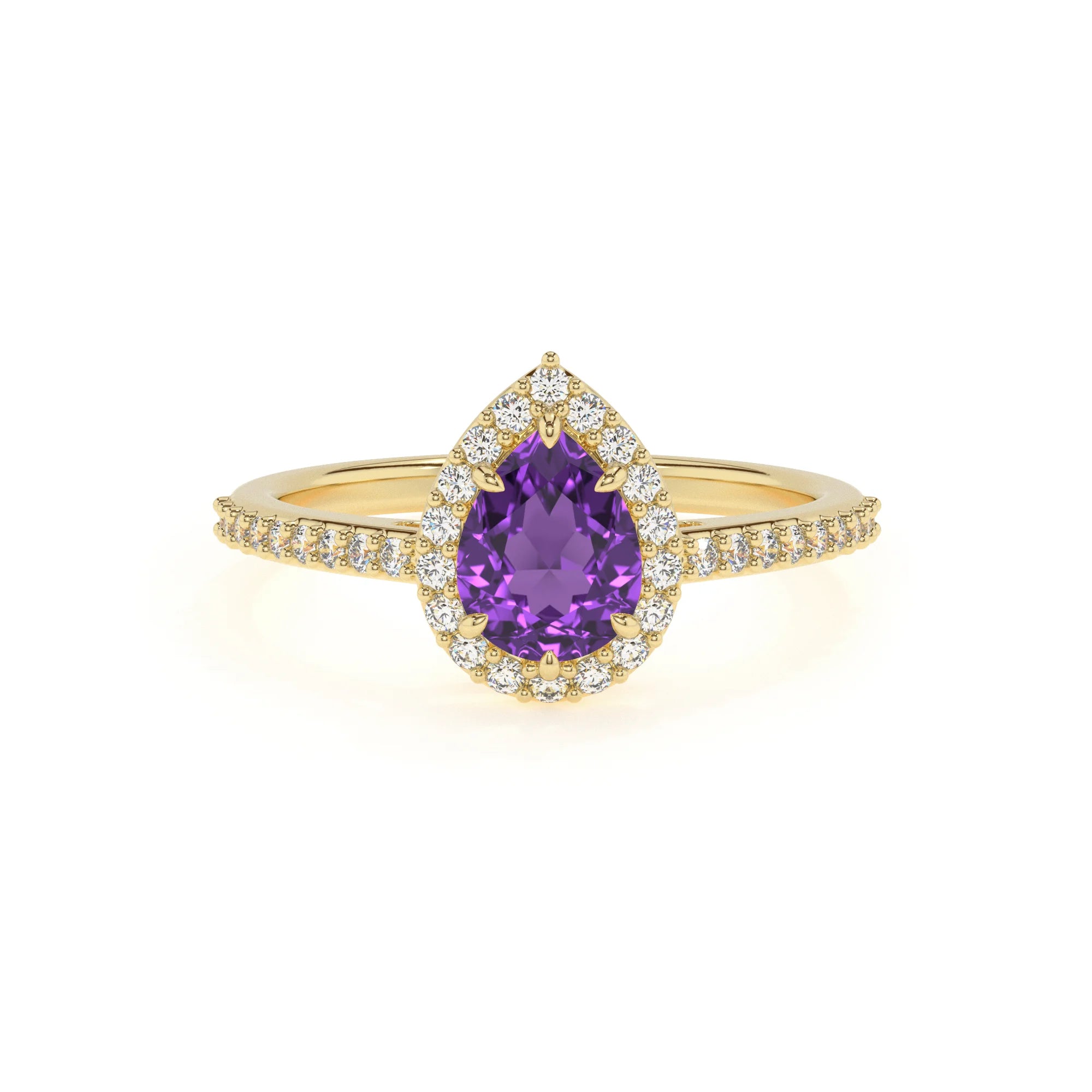 lab grown amethyst pear solitaire rings in yellow gold 