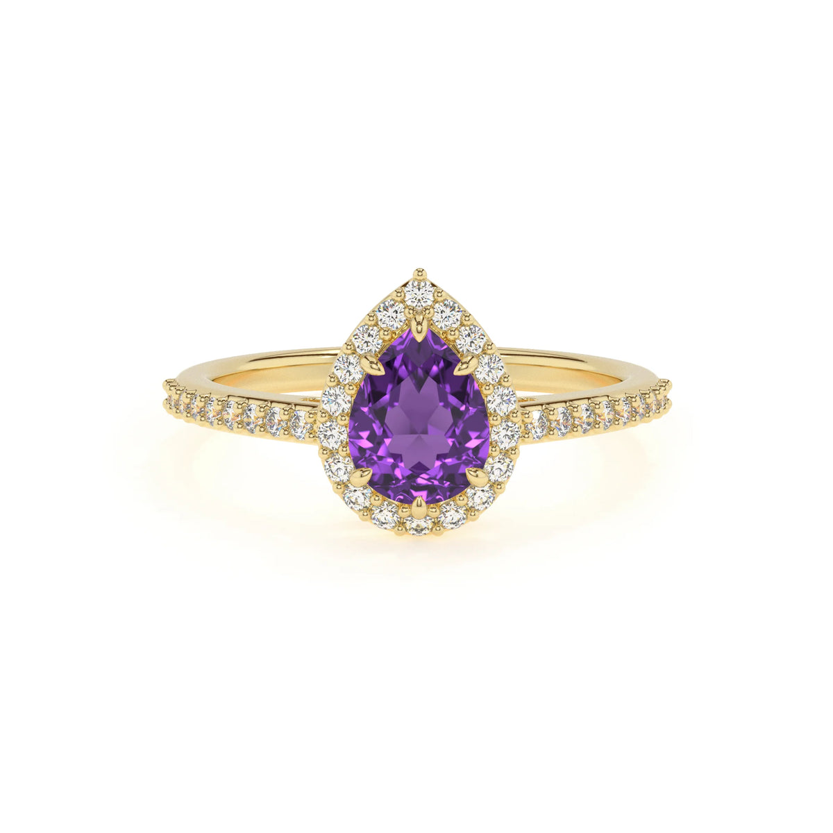 lab grown amethyst pear solitaire rings in yellow gold 