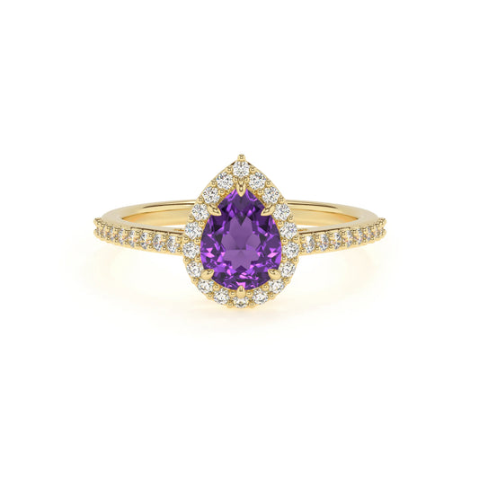 lab grown amethyst pear solitaire rings in yellow gold 