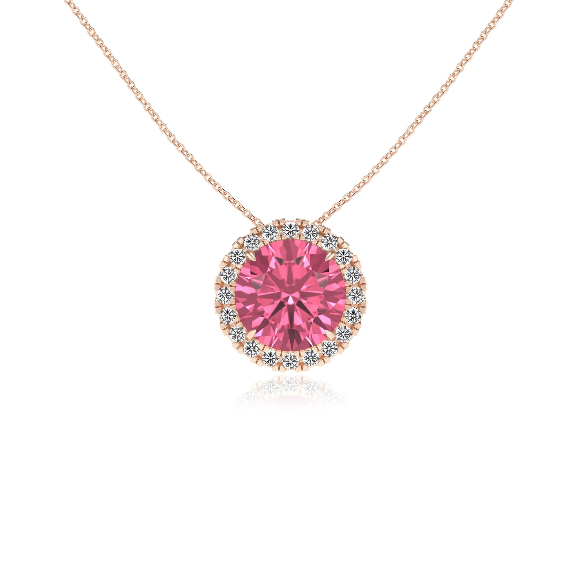 lab grown pink tourmaline round solitaire necklaces in rose gold 
