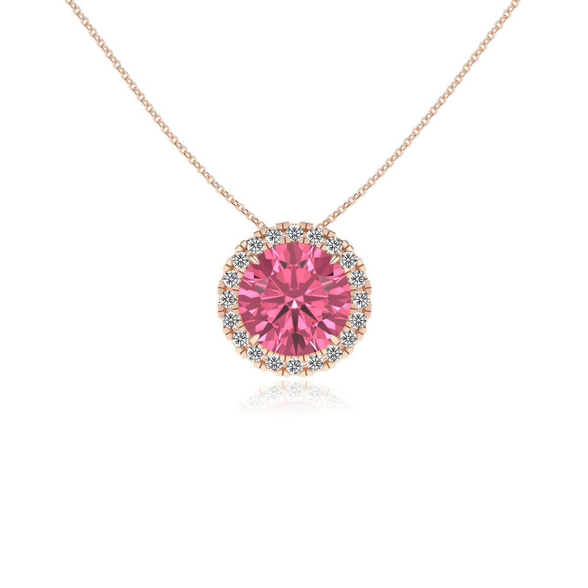 lab grown pink tourmaline round solitaire necklaces in rose gold 