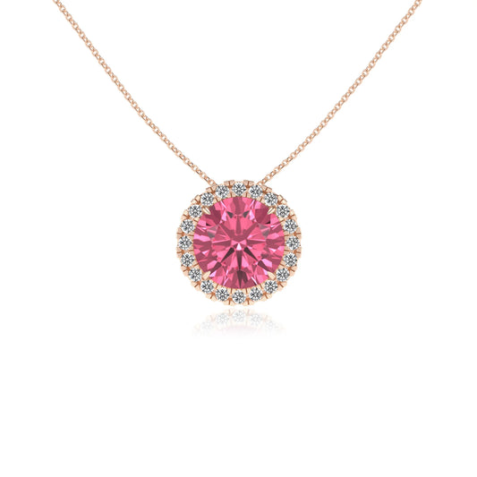 lab grown pink tourmaline round solitaire necklaces in rose gold 
