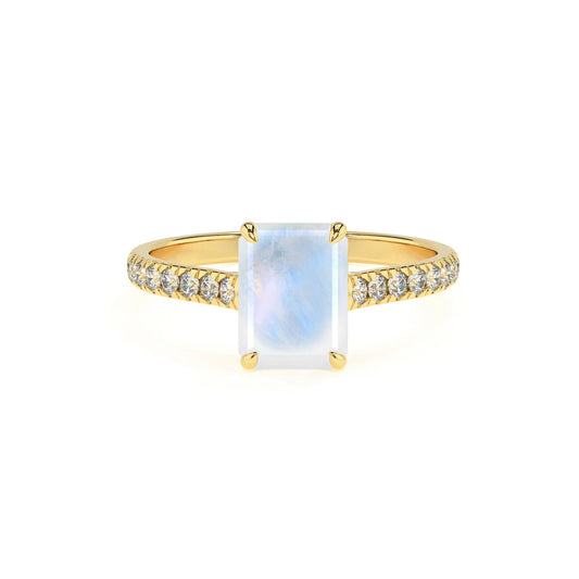 natural rainbow-moonstone emerald cut half eternity solitaire engagement rings in yellow gold 