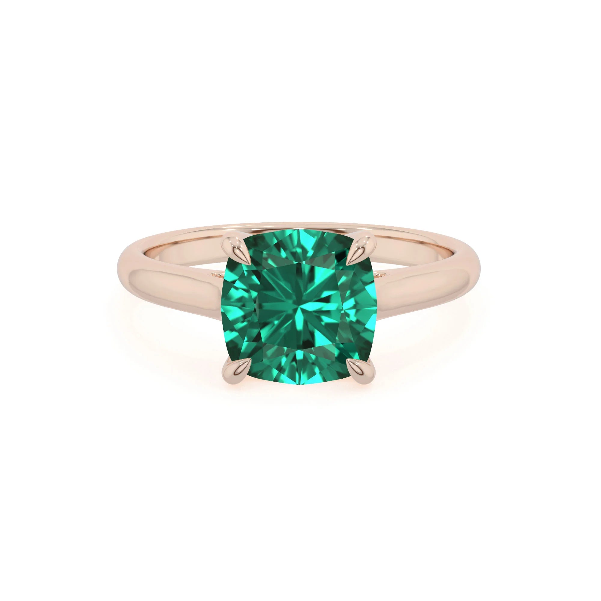lab grown emerald cushion solitaire rings in rose gold 