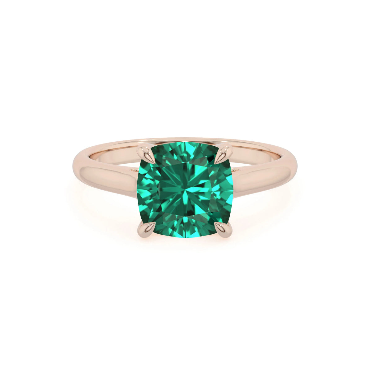 lab grown emerald cushion solitaire rings in rose gold 