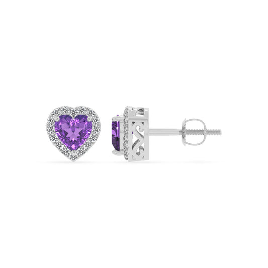 lab grown amethyst heart stud earrings in sterling silver 