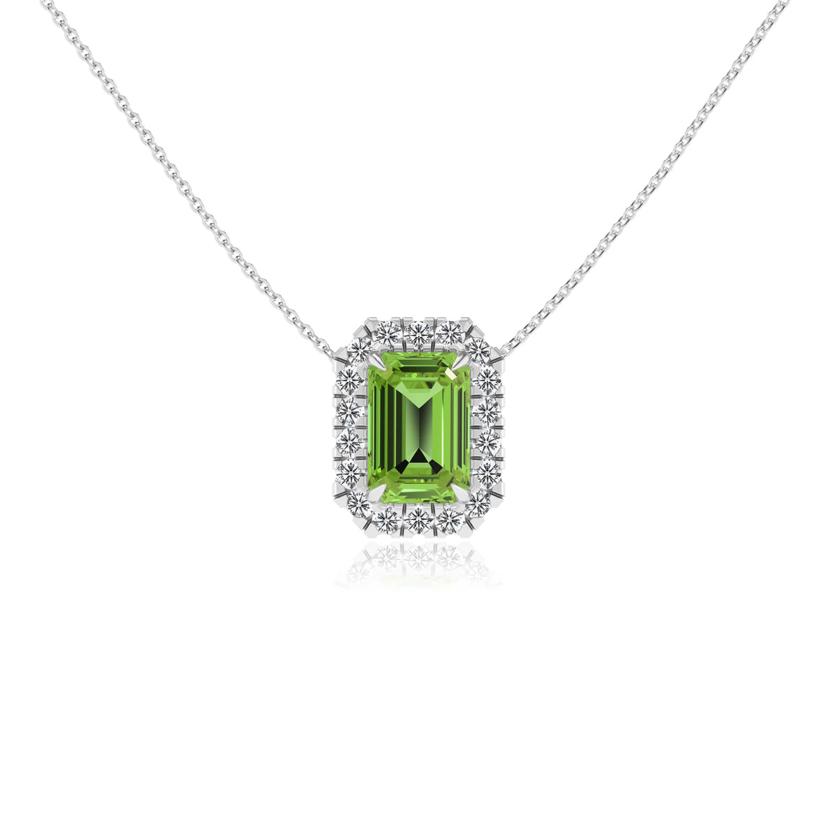 natural peridot emerald cut solitaire necklaces in platinum 