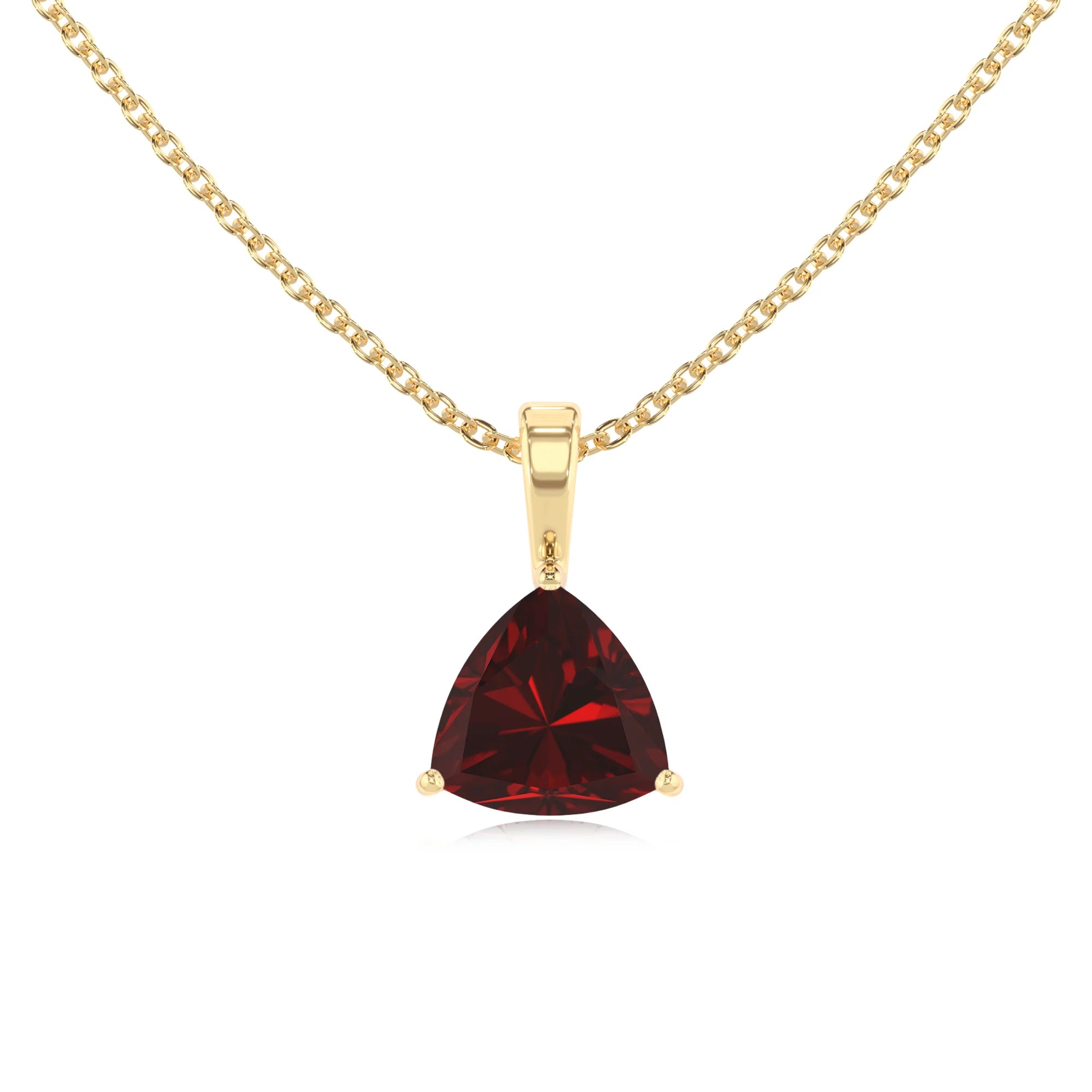 natural garnet trillion solitaire necklaces in yellow gold 