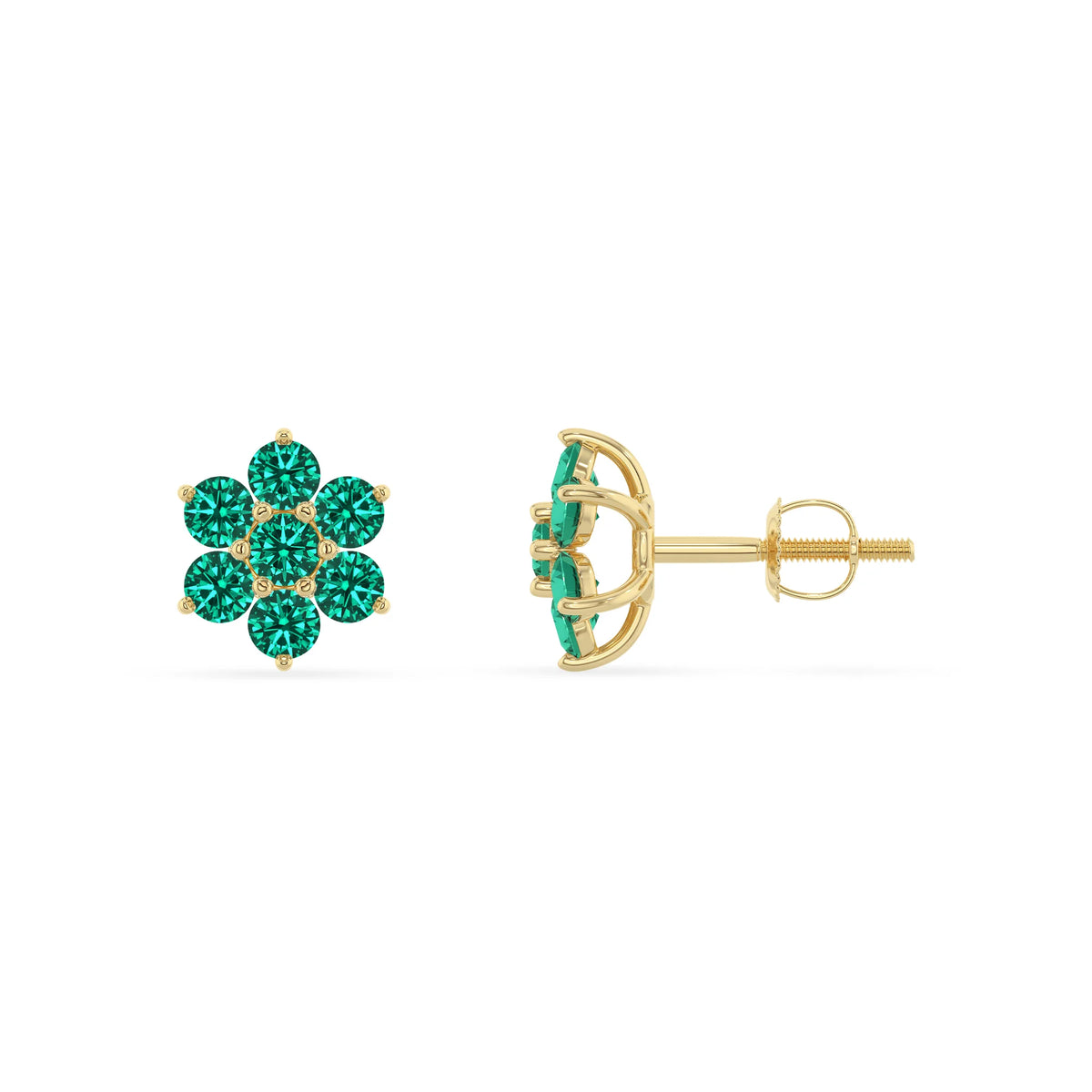 lab grown emerald round stud earrings in yellow gold 