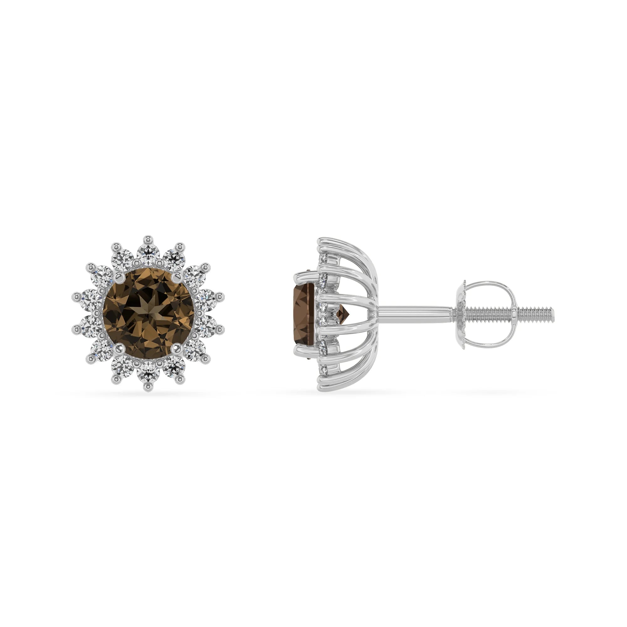 natural smoky quartz round stud earrings in platinum 