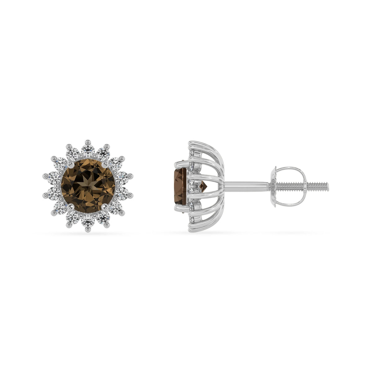 natural smoky quartz round stud earrings in platinum 