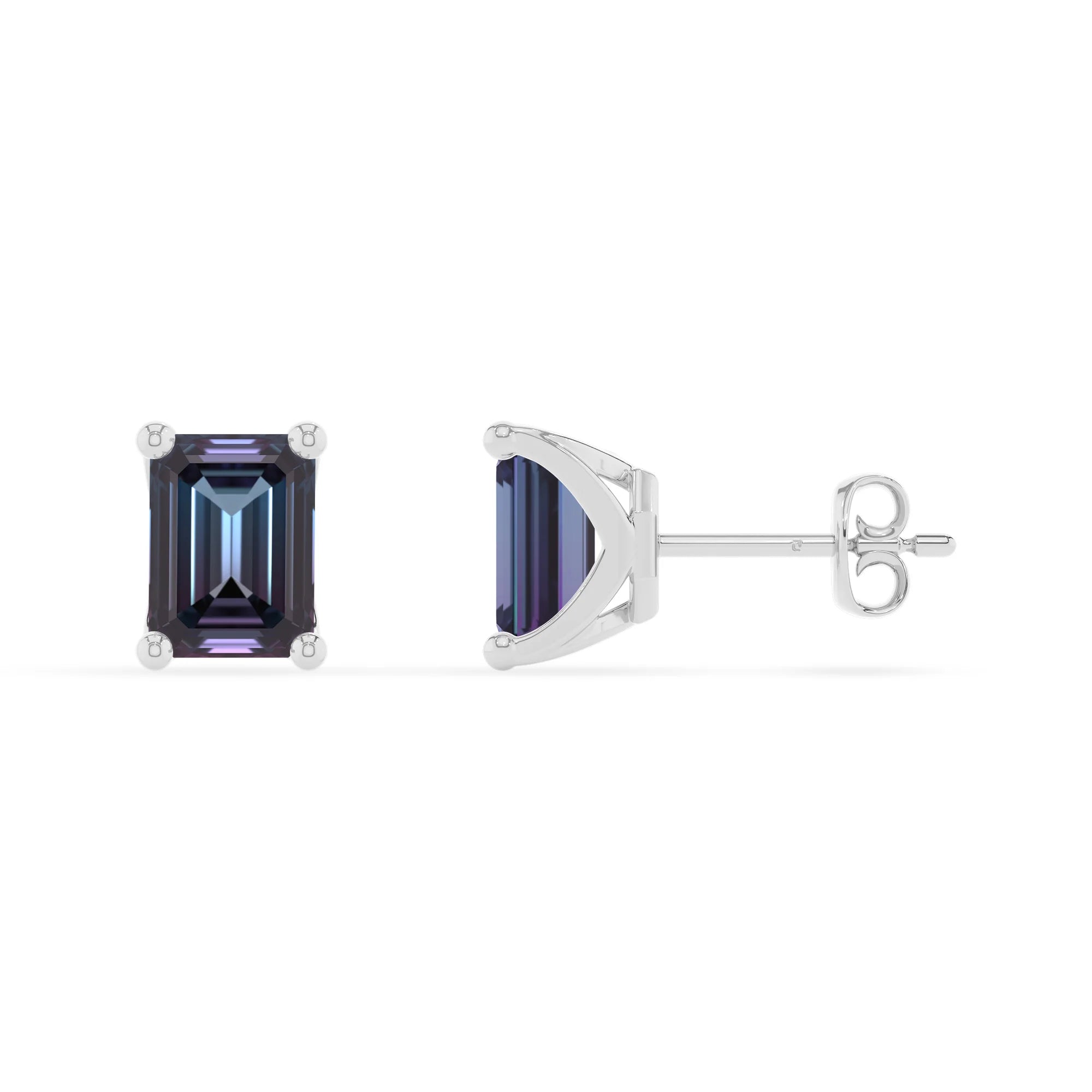 lab grown alexandrite emerald cut stud earrings in white gold 