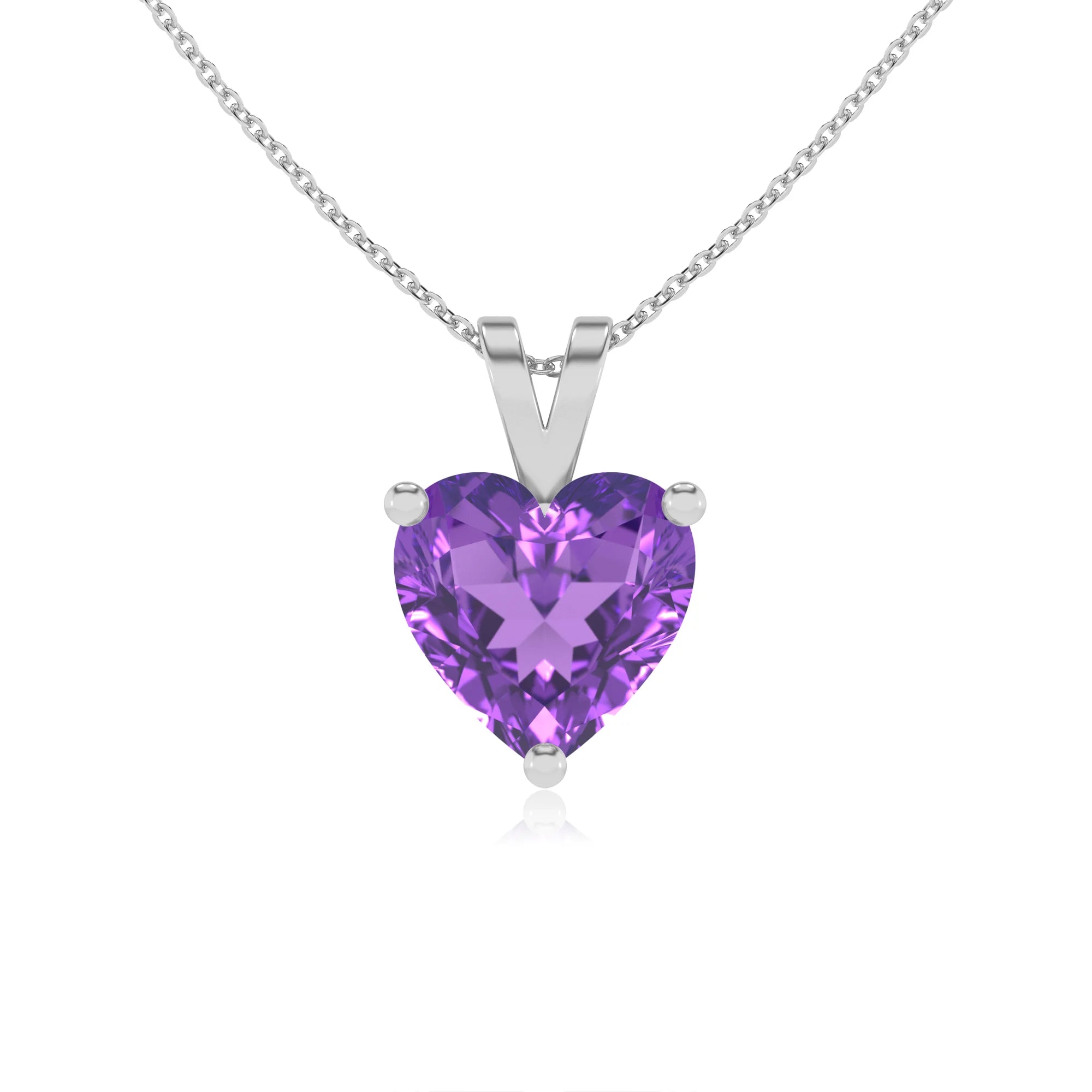 lab grown amethyst heart solitaire v-bale necklaces in white gold 