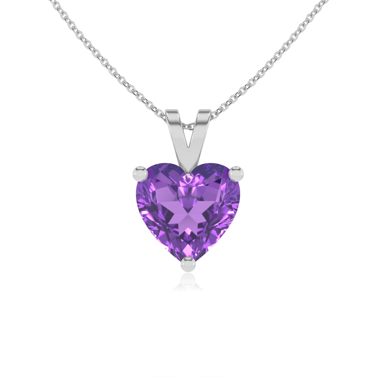 lab grown amethyst heart solitaire v-bale necklaces in white gold 