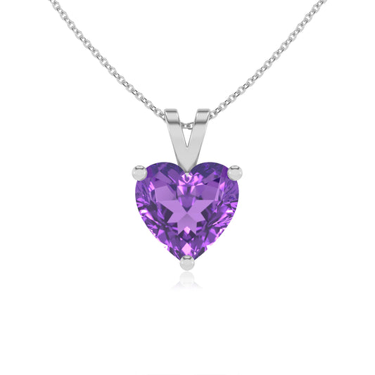 lab grown amethyst heart solitaire v-bale necklaces in white gold 