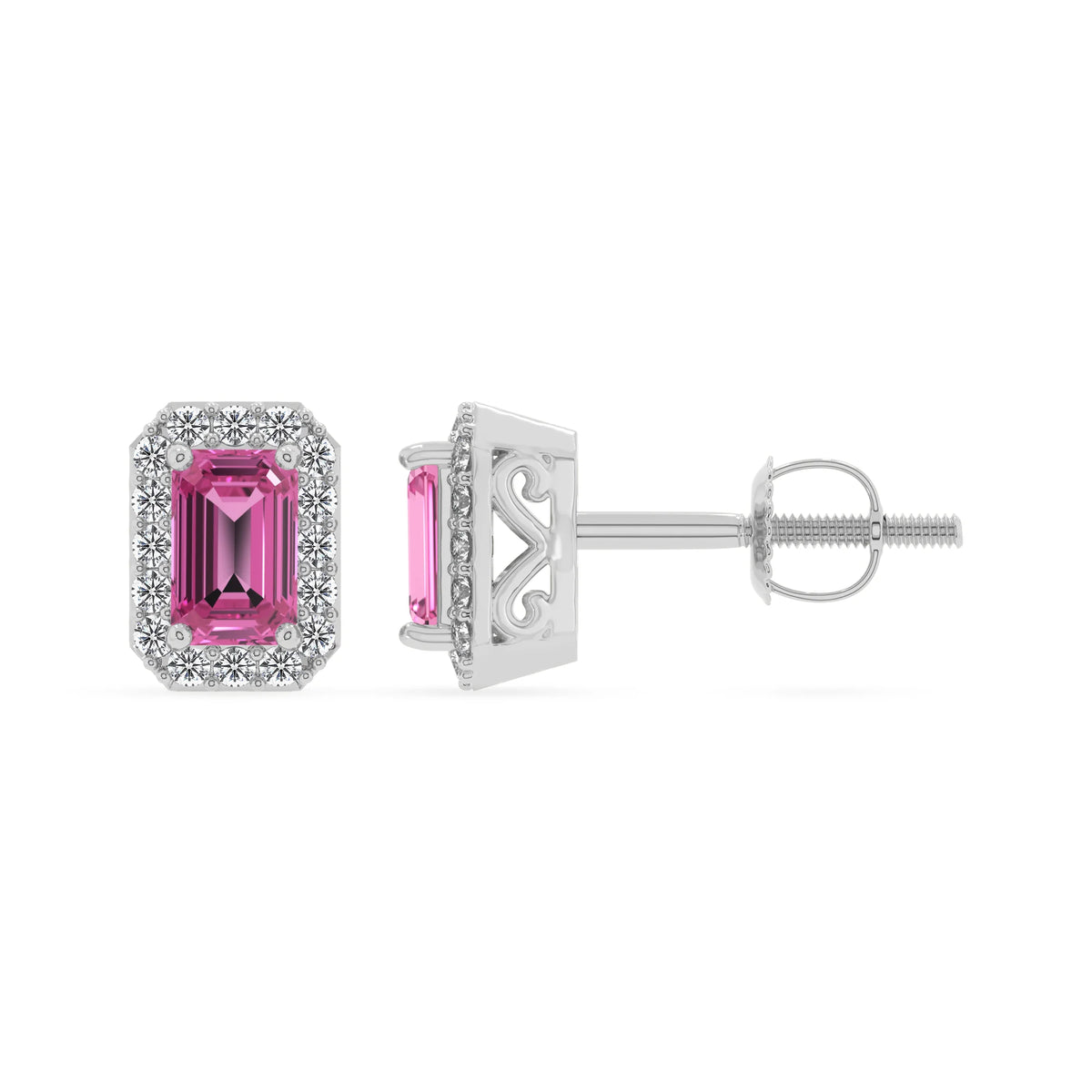 lab grown pink sapphire emerald cut stud earrings in platinum 