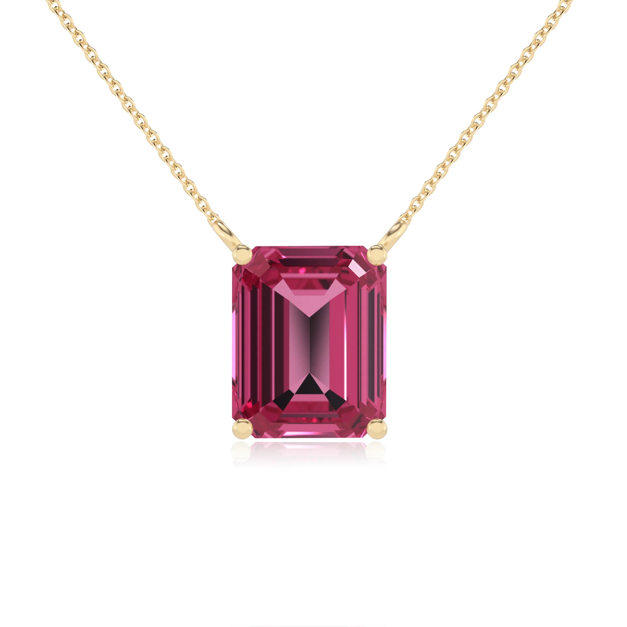 lab grown pink-tourmaline emerald cut solitaire necklaces in yellow gold 