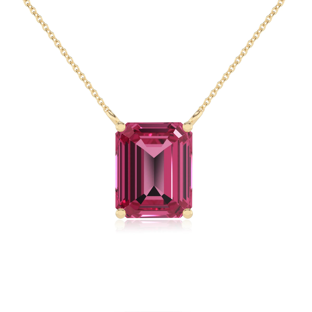 lab grown pink-tourmaline emerald cut solitaire necklaces in yellow gold 