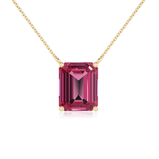 lab grown pink-tourmaline emerald cut solitaire necklaces in yellow gold 