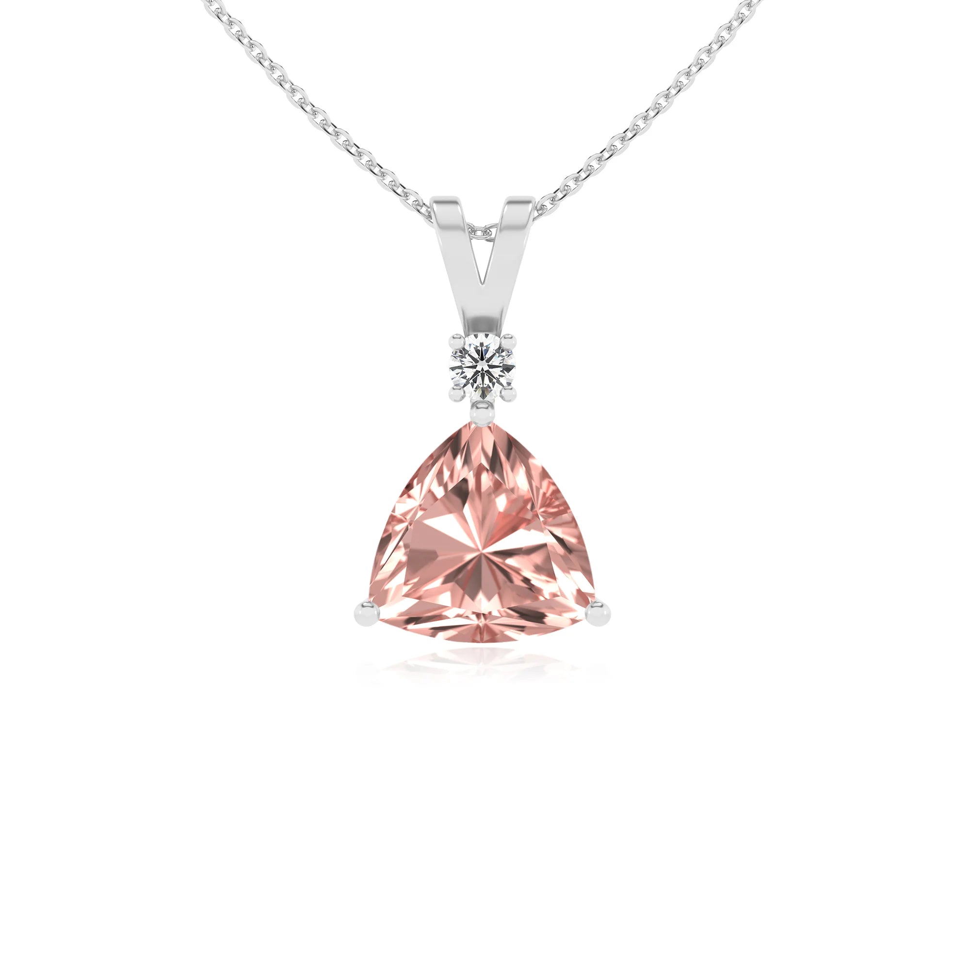 lab grown morganite trillion solitaire v-bale necklaces in platinum 