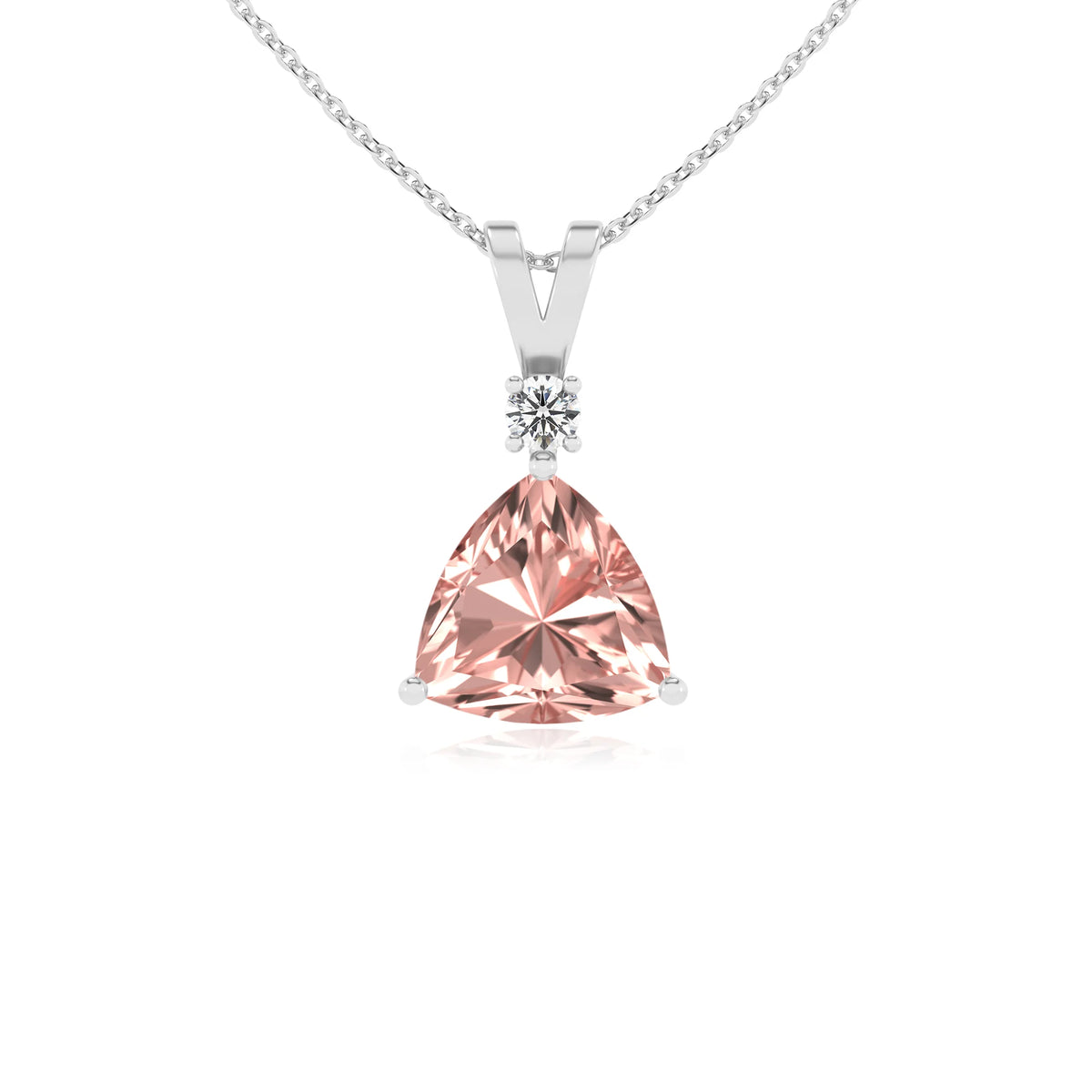 lab grown morganite trillion solitaire v-bale necklaces in platinum 