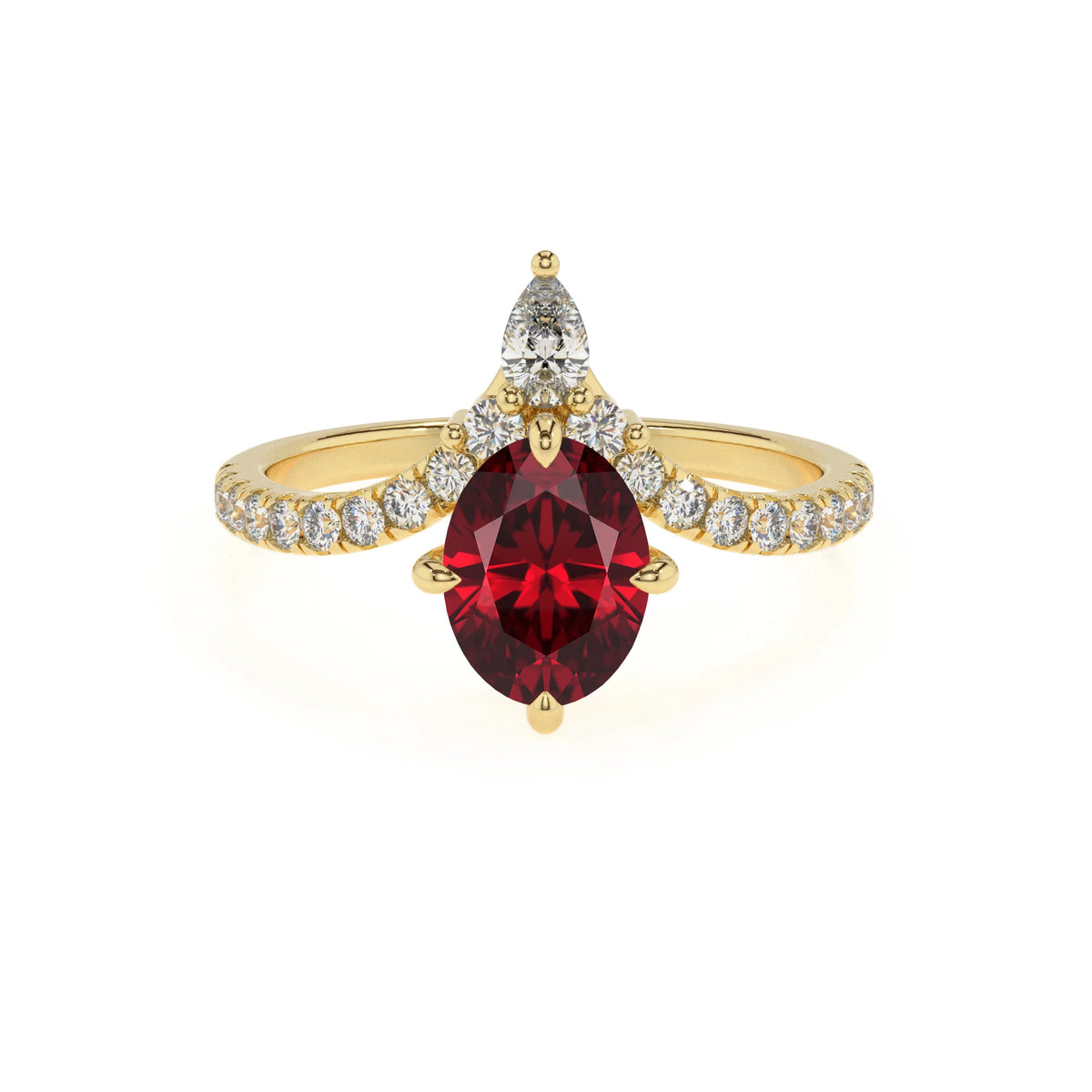 lab grown ruby oval solitaire rings in yellow gold 