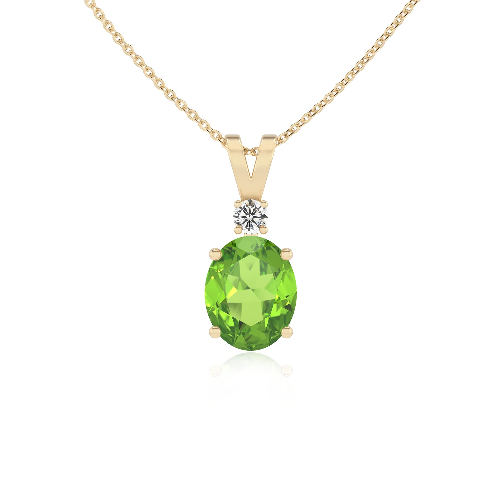 natural peridot oval solitaire v-bale necklaces in yellow gold 