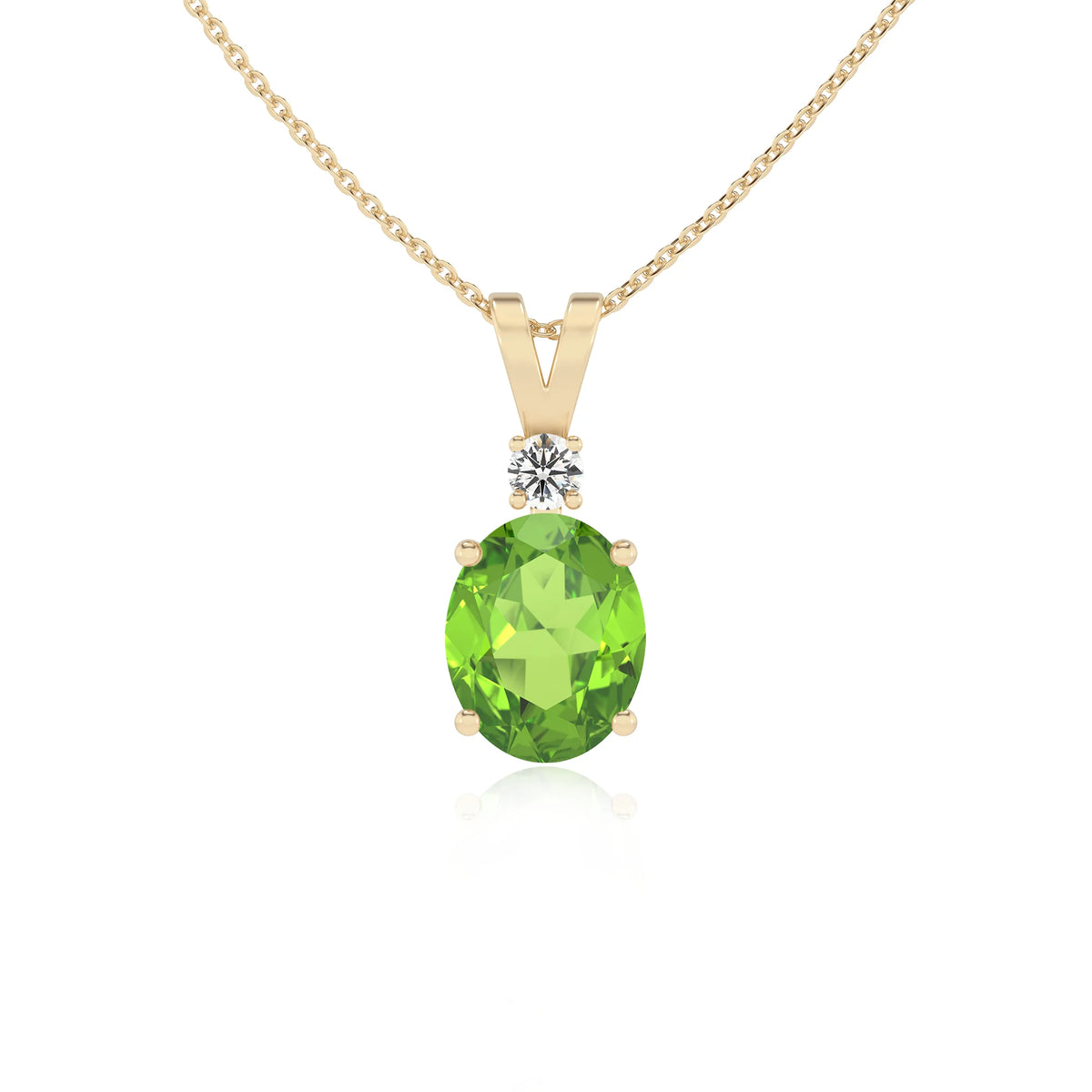 natural peridot oval solitaire v-bale necklaces in yellow gold 