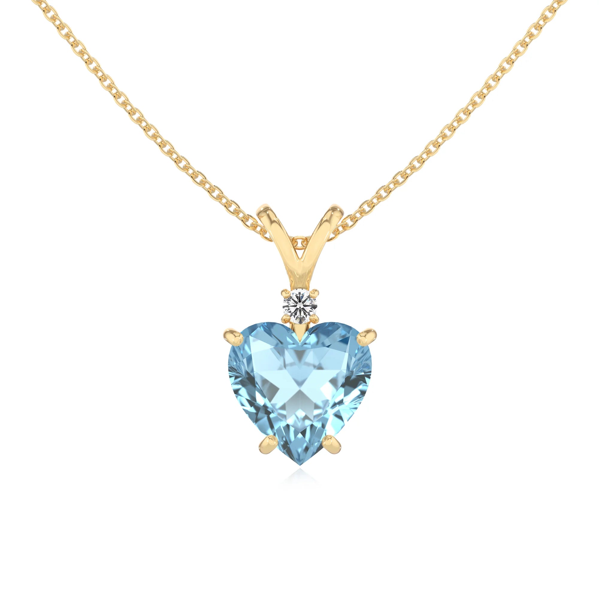 lab grown aquamarine heart solitaire v-bale necklaces in yellow gold 