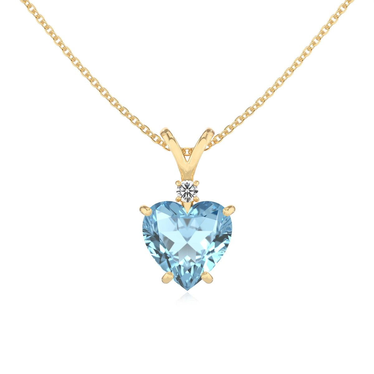 lab grown aquamarine heart solitaire v-bale necklaces in yellow gold 