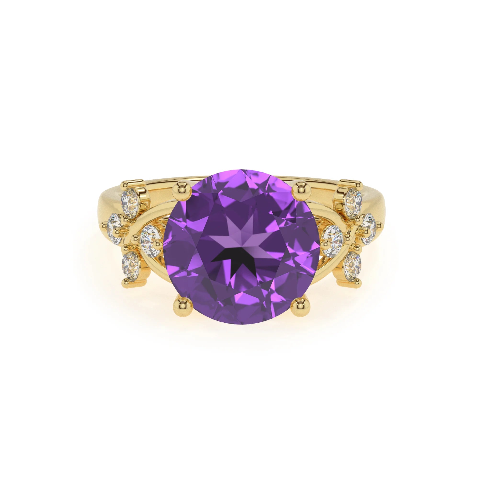 lab grown amethyst round solitaire rings in yellow gold 