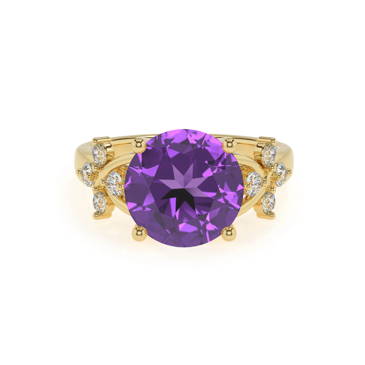 lab grown amethyst round solitaire rings in yellow gold 