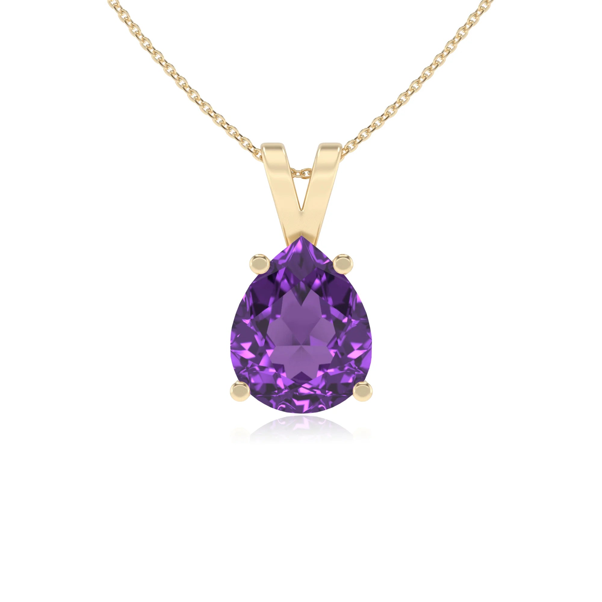 lab grown amethyst pear solitaire v-bale necklaces in yellow gold 