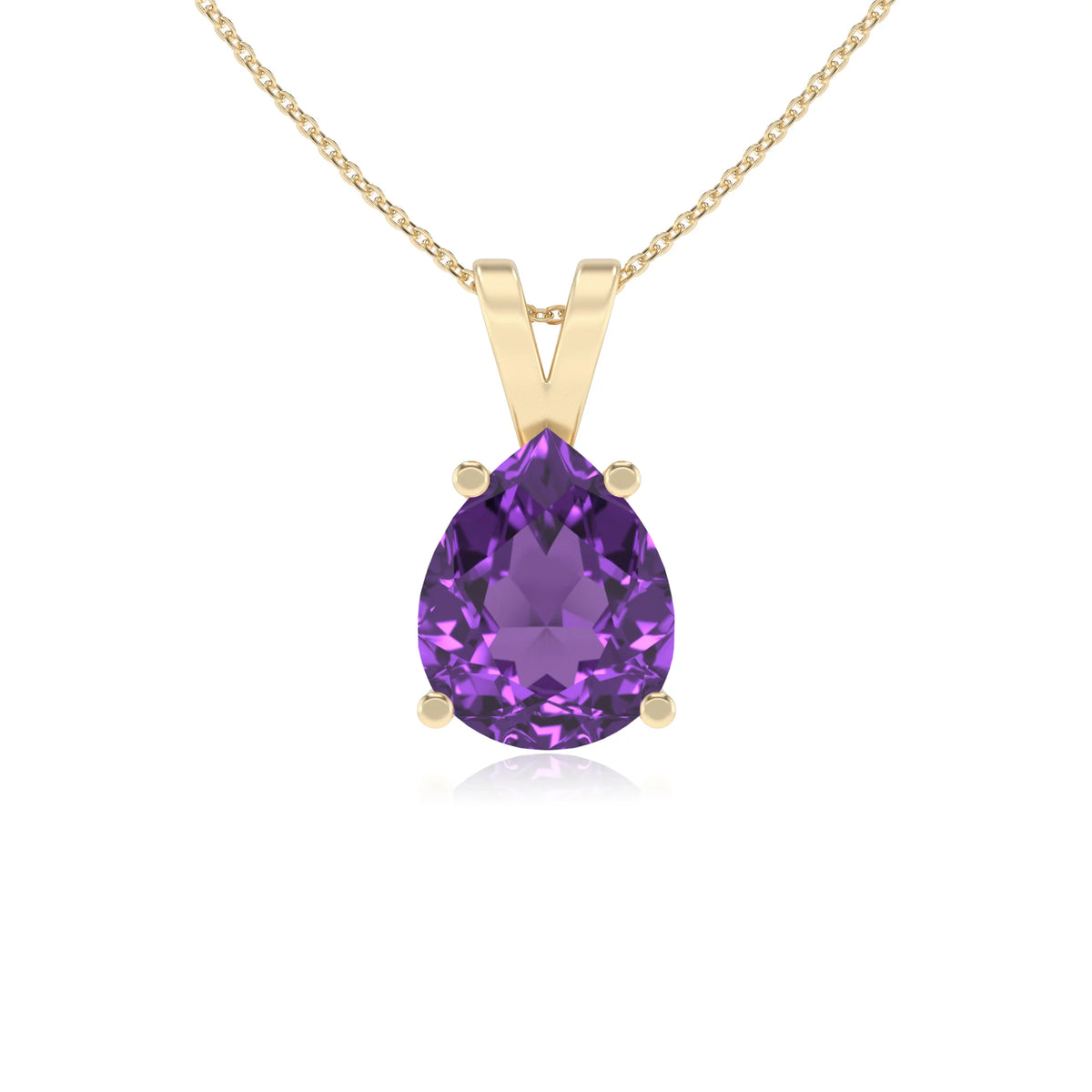 lab grown amethyst pear solitaire v-bale necklaces in yellow gold 