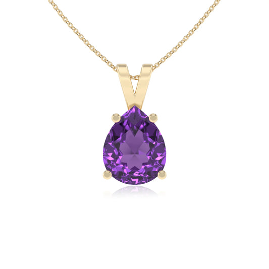 lab grown amethyst pear solitaire v-bale necklaces in yellow gold 