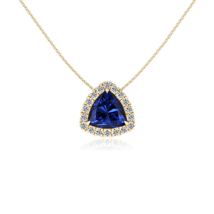 lab grown blue sapphire trillion solitaire necklaces in yellow gold 