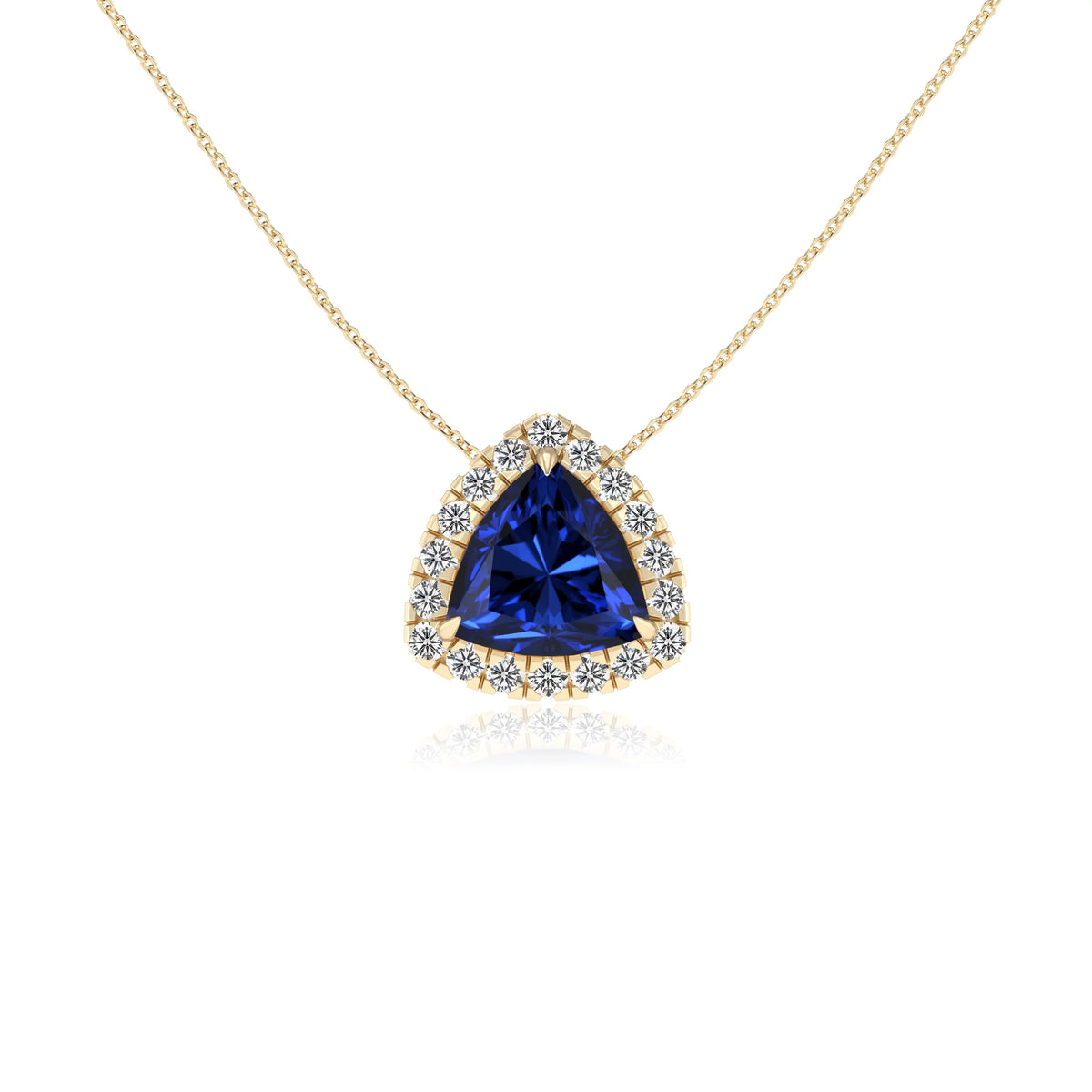 lab grown blue sapphire trillion solitaire necklaces in yellow gold 