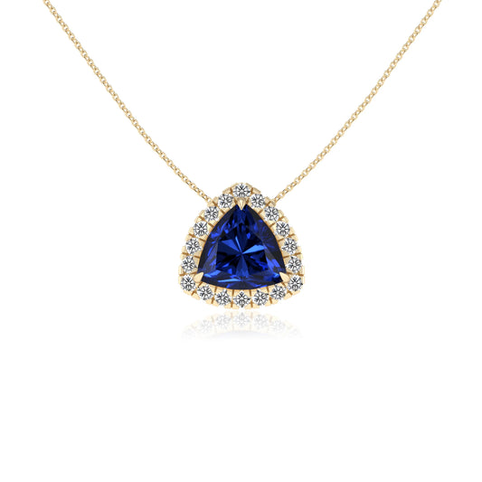lab grown blue sapphire trillion solitaire necklaces in yellow gold 