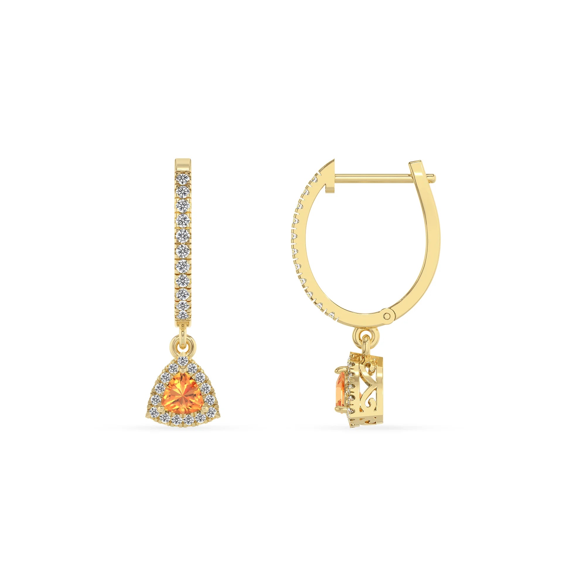 lab grown citrine trillion drop earrings in yellow gold 