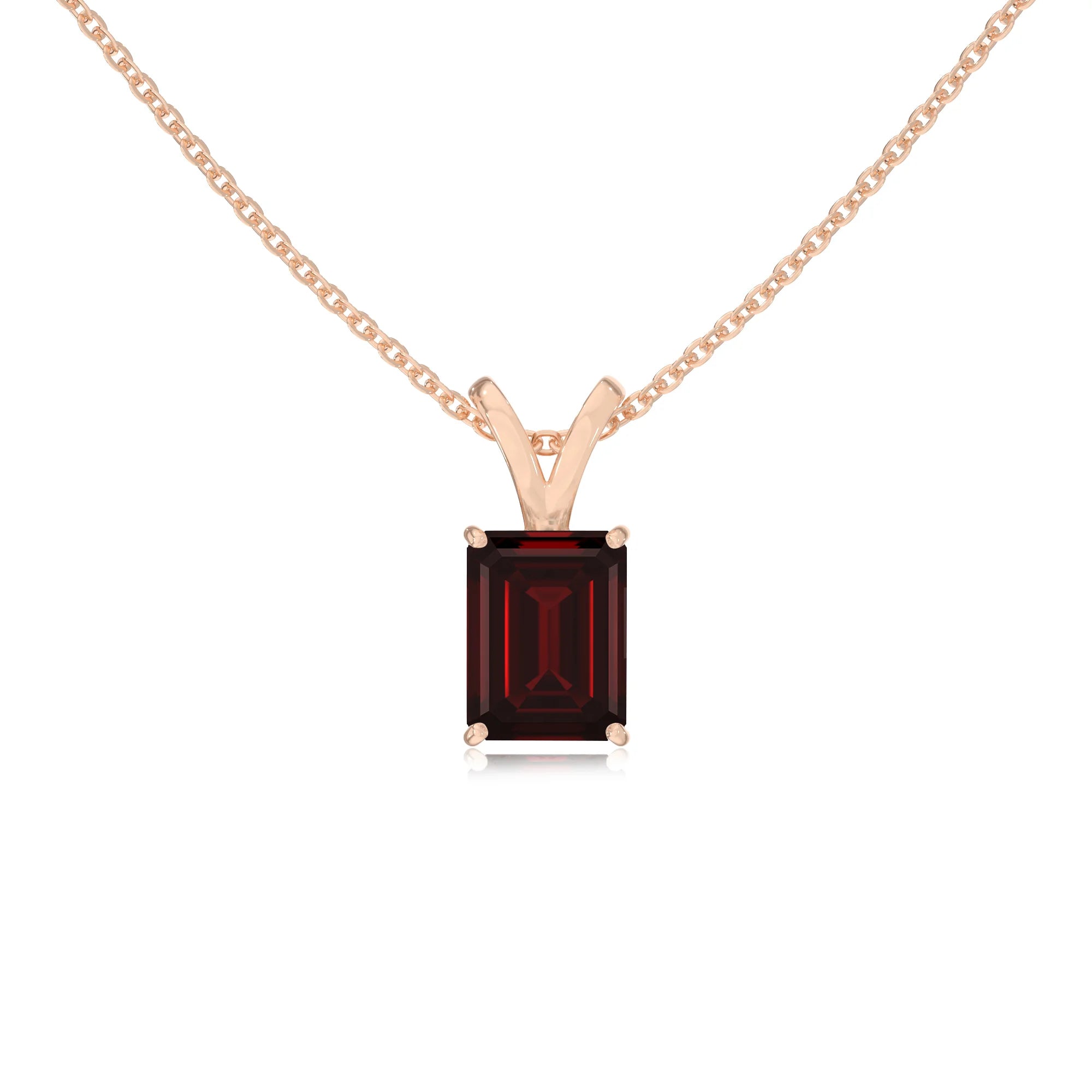 natural garnet emerald cut solitaire v-bale necklaces in rose gold 