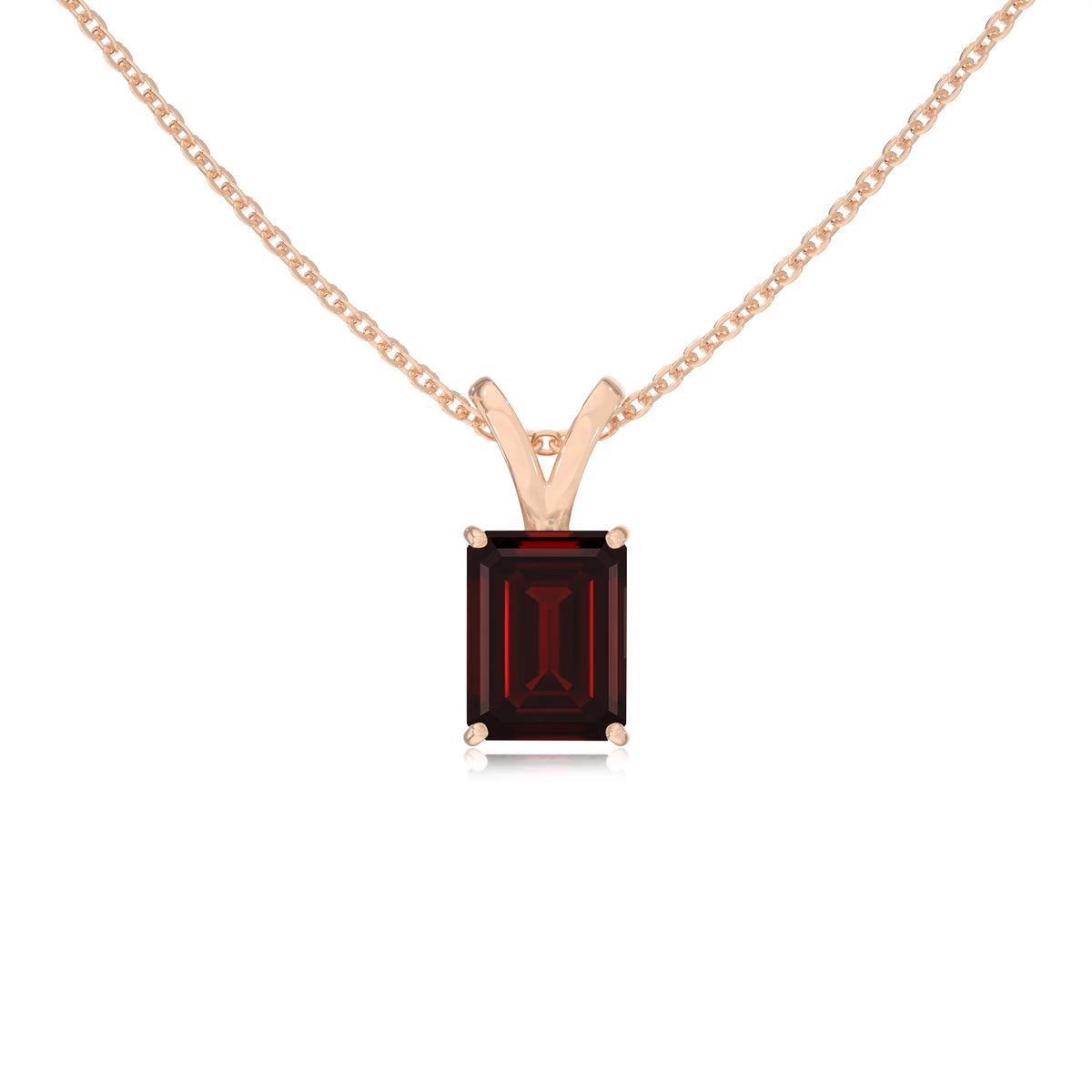 natural garnet emerald cut solitaire v-bale necklaces in rose gold 