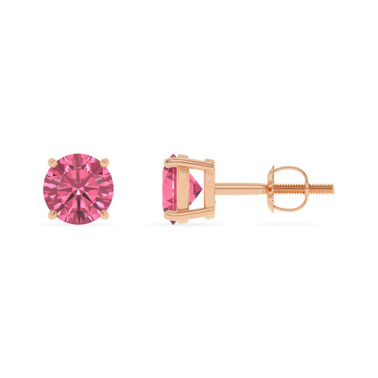 lab grown pink tourmaline round stud earrings in rose gold 