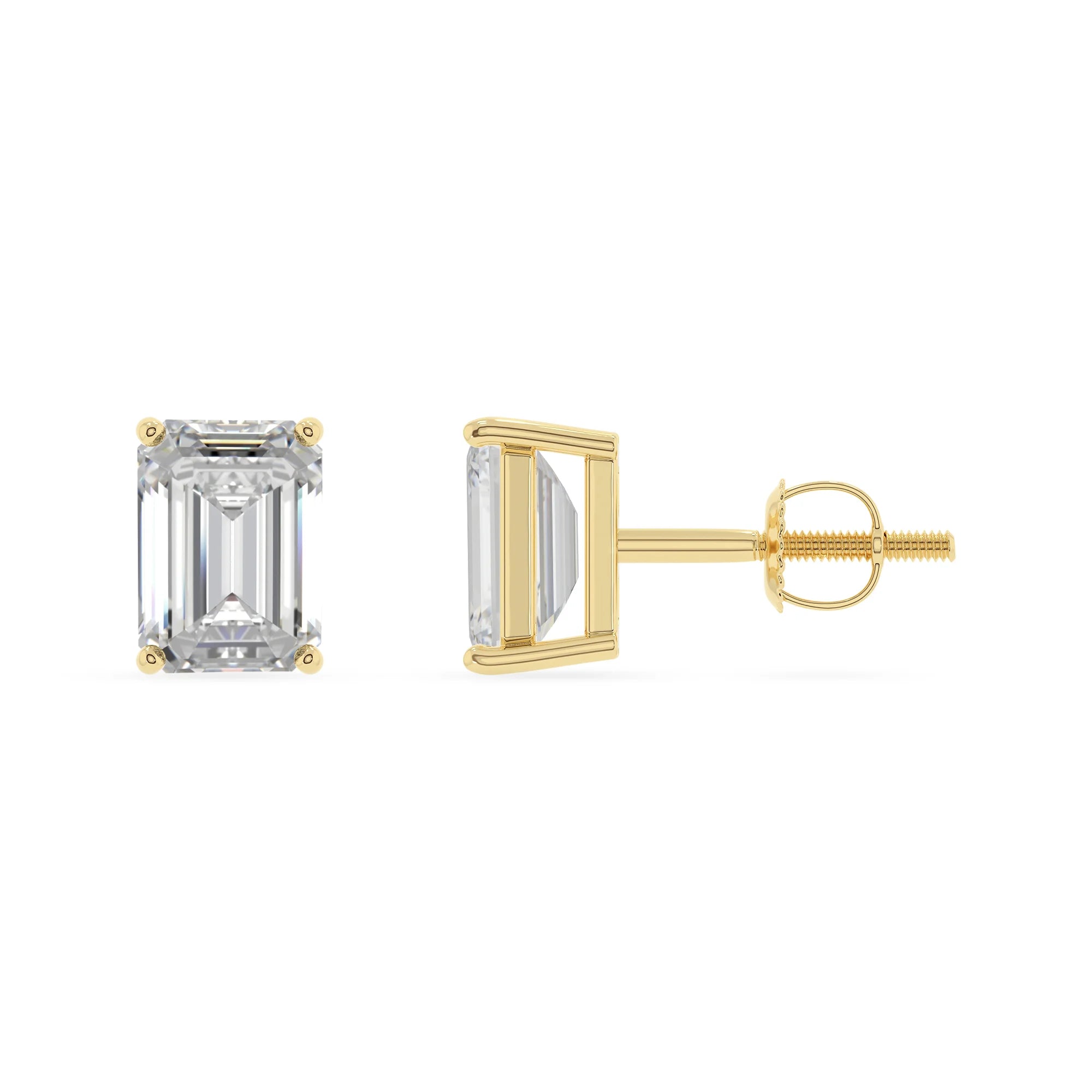 lab grown moissanite emerald cut stud earrings in yellow gold 