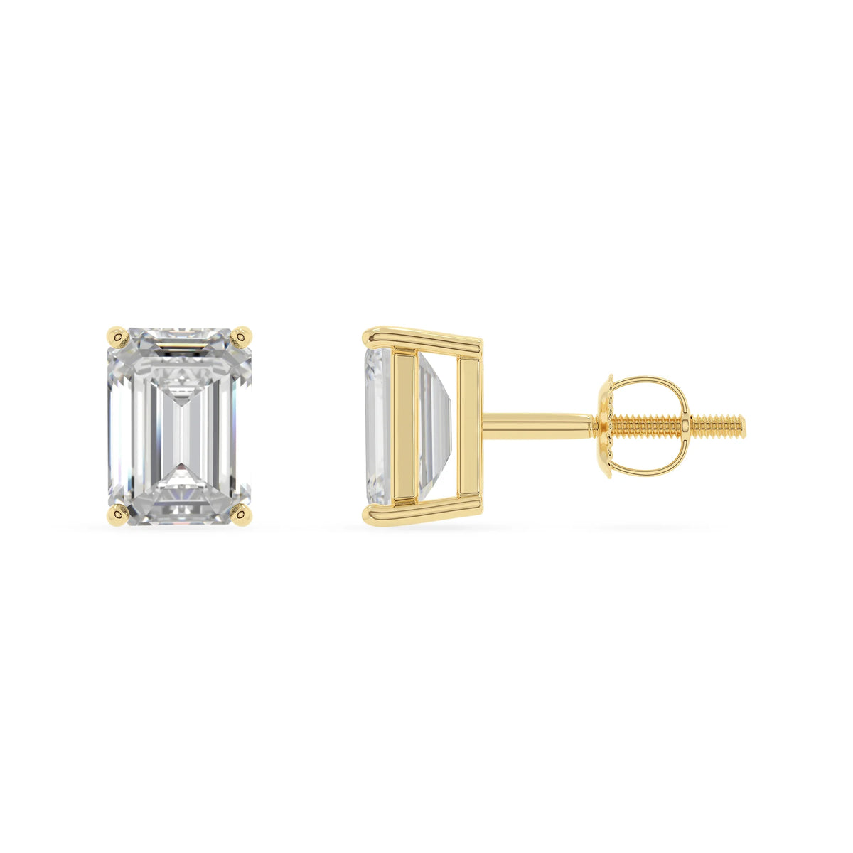 lab grown moissanite emerald cut stud earrings in yellow gold 