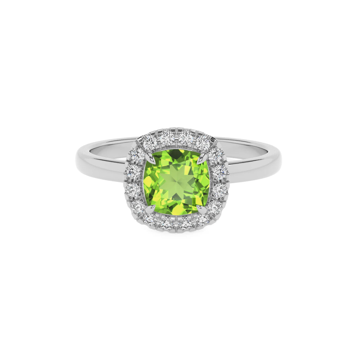natural peridot cushion solitaire rings in platinum 